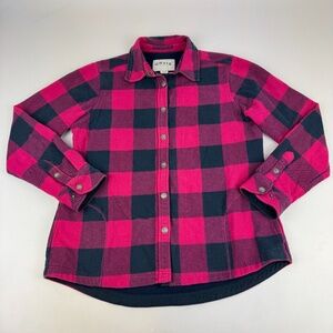 Orvis Womens Size M Fleece Lined Flannel Jacket Magenta Plaid Snap Button *Read